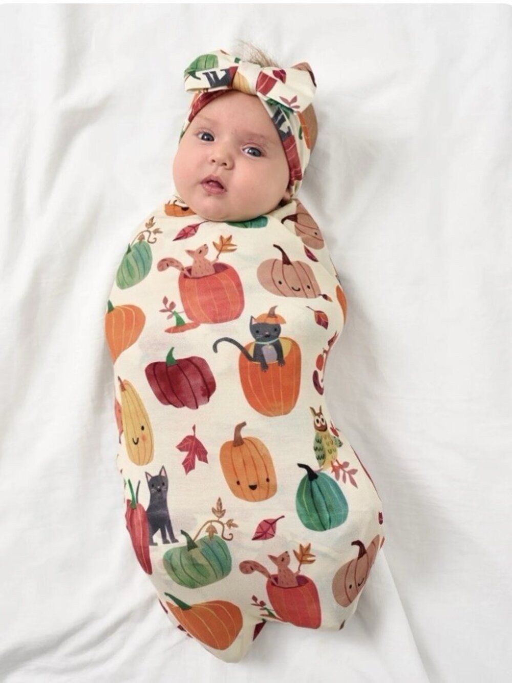 NIB Little Sleepies Pumpkin Pals Swaddle & Luxe Bow Headband Halloween Photo